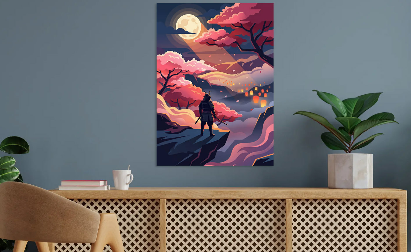 Samurai Overlooking Lantern-Lit Valley — metal poster wall art by Lineer